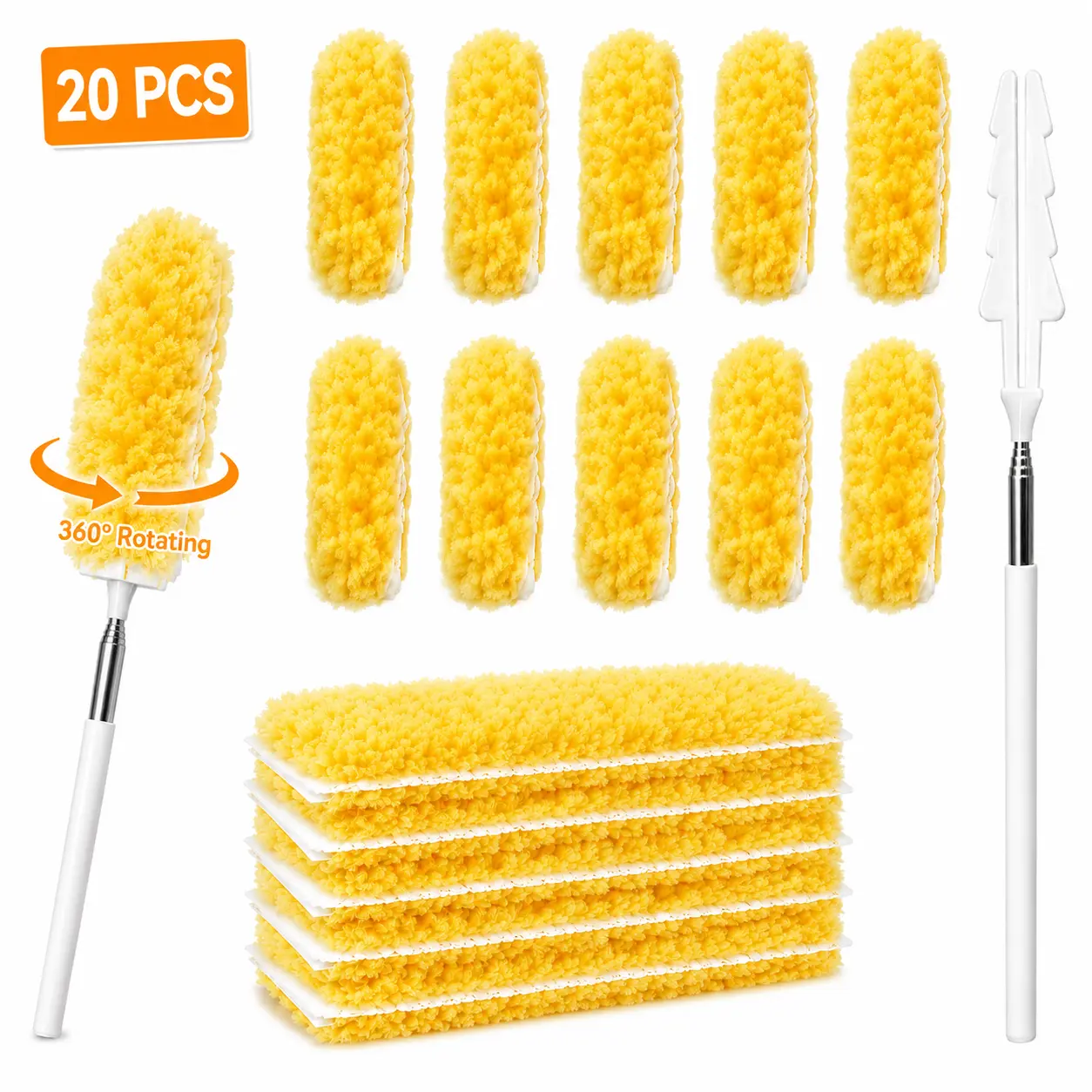 20 PCS Electrostatic Disposable Duster Set - Extendable Multicolor Non-Woven Dusting Brush, Long-Handled/Telescopic Stick/Triangle Tip Attachment Duster Heads for High-Reach Ceiling Fan & Blind Cleaning, Dusting Brush Dusters/Duster Heads