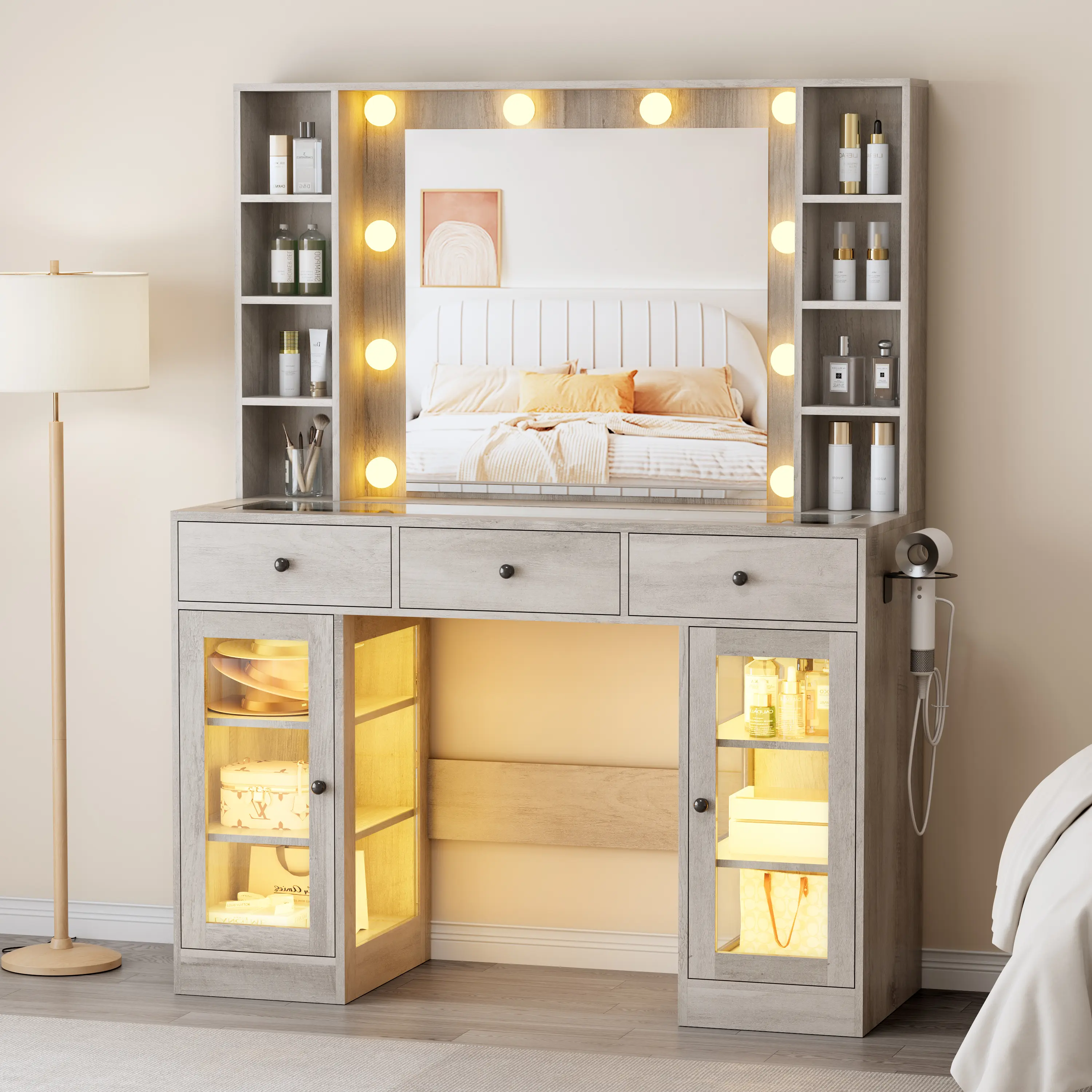Illuminated Dressing Table with Lighted Mirror, Dimmable LED Lights & Power Socket, Multi-purpose Vanity Desk with 3 Drawers & Storage Cabinets, 9 Layered Shelves for Bedroom Decor