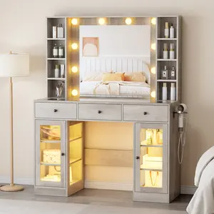 Illuminated Dressing Table with Lighted Mirror, Dimmable LED Lights & Power Socket, Multi-purpose Vanity Desk with 3 Drawers & Storage Cabinets, 9 Layered Shelves for Bedroom Decor