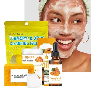 Turmeric skin cleaning, Cleansing and care 4-piece set, keeps skin moist while deep cleaning, contains granular soap, face cream, facial essence, cleaning cotton pads, for comprehensive care