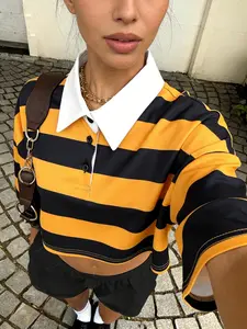 Vintage College Style Casual Trend Colorblock Striped Loose Fit Short Collared Polo Shirt, Y2K Streetwear High Waist Slimming Half Sleeve Top