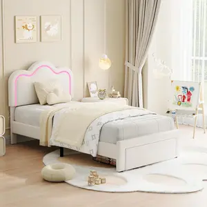 Twin Smart LED Upholstered Bed Frame with Adjustable Hill Headboard, Velvet Finish, Wooden Slats Support, No Box Spring Needed, Beige Princess Platform Bed Frame for Kids