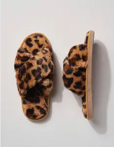 open toe cross band soft plush furry leopard indoor, outdoor slippers