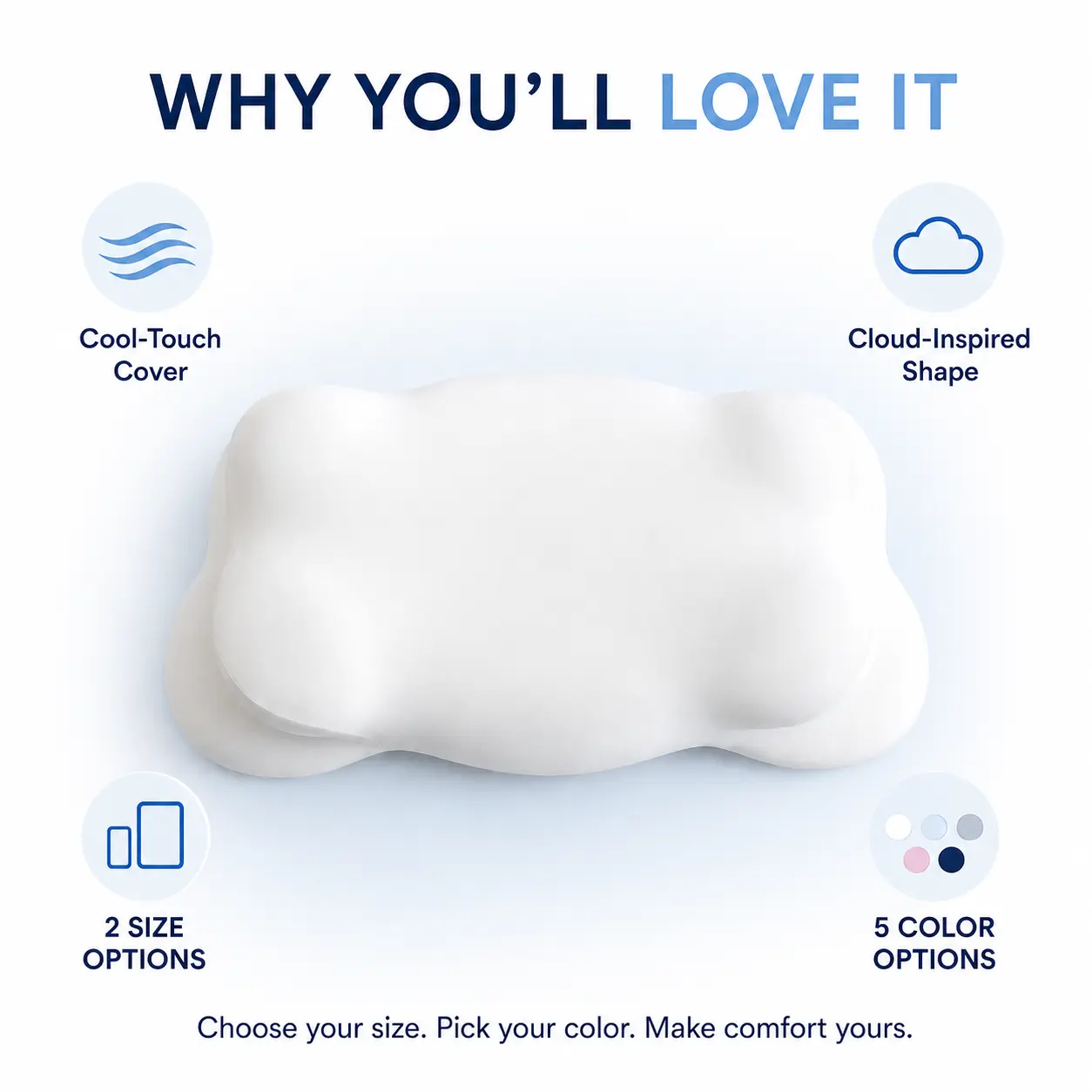 Cloud Pillow, Cooling Slow-Rebound Memory Foam Bed Pillow with Cool-Touch Fabric and Pressure-Adapting Support, for Hot Sleepers, Side and Back Sleepers, Bedroom, Dorm and Guest Room Use