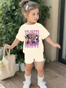 Medira Mouse Houtian Tuan children's suit, digital printed 100% polyester short-sleeve set for infants and toddlers, cute casual clothing for baby girls, suitable for daily and outdoor sports T-shirts, a perfect gift for infants and young children