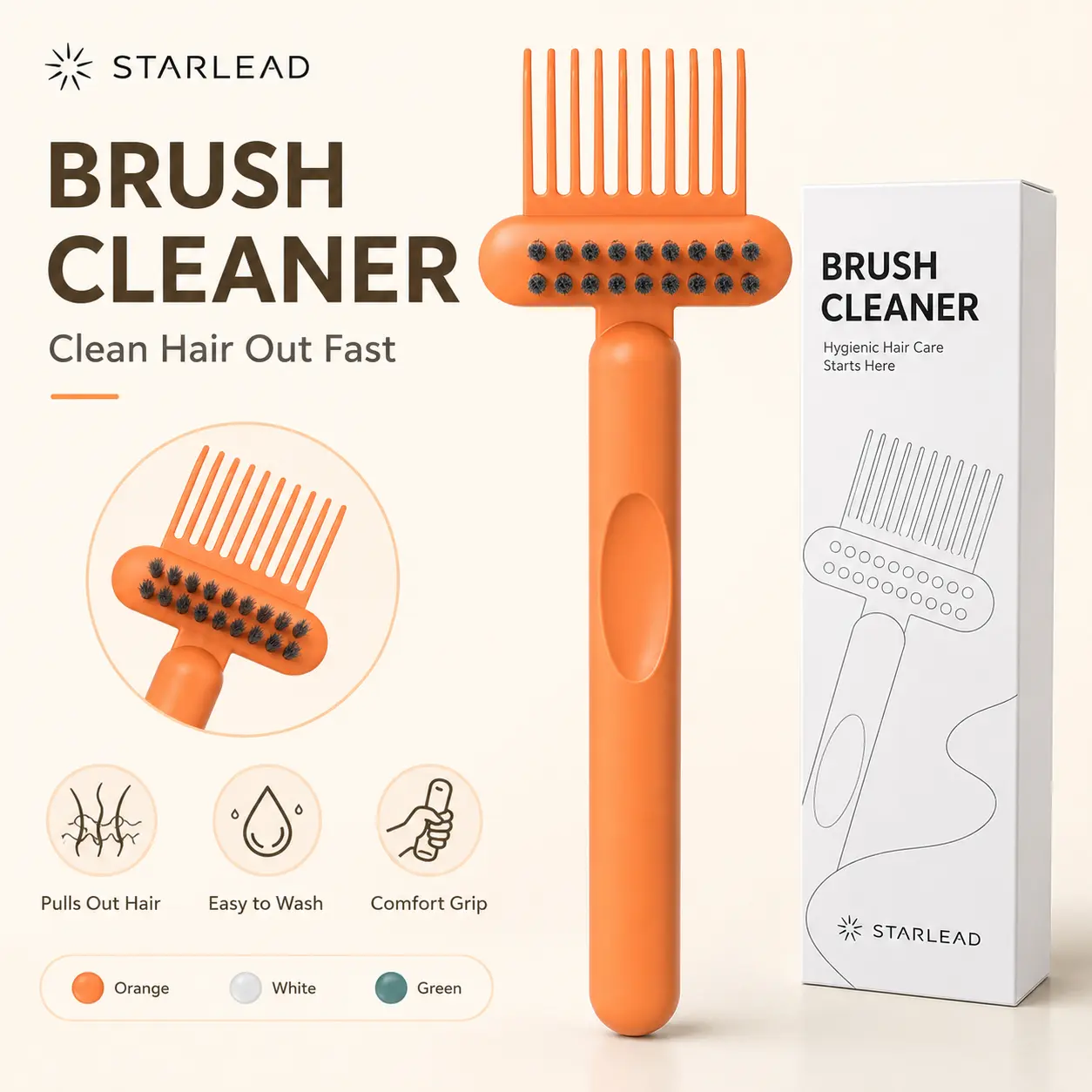 STARLEAD Hair Brush Cleaner Tool, Dual-Action Hairbrush Cleaning Comb with Scrubbing Bristles, Reusable Brush Cleaner for Removing Trapped Hair and Buildup, Easy Wash Hair Care Tool for Home, Salon and Travel