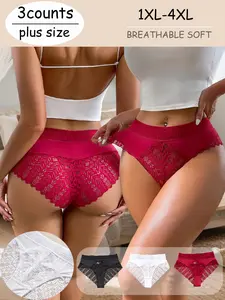Elegant Aesthetic Plus Size Women's Lace Thong Panties Set, High Waist Breathable Mesh, Embroidered Edges, All Seasons Wear, Underwear
