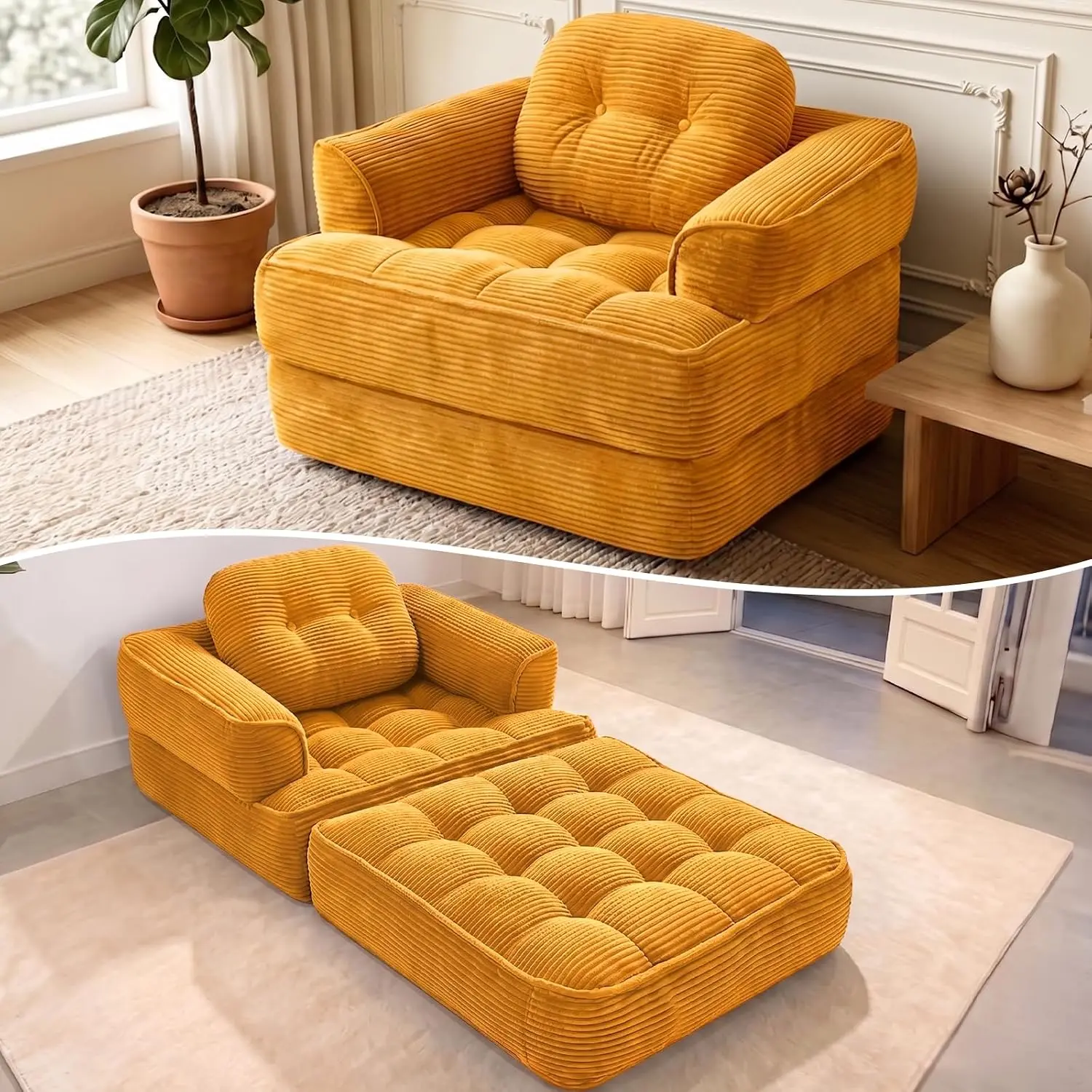 67" Convertible Chair Sleeper Bed, Corduroy All-Foam Folding Sofa Bed with Armrests & Pillow, 2-in-1 Single Floor Couch Lounge Chair for Living Room, Apartment, Bedroom，Orange