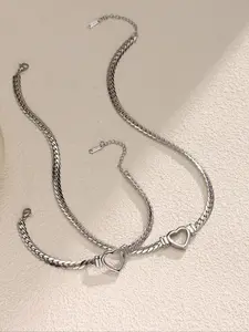 Elegant Stainless Steel Heart Necklace Set for Women, Trendy Fashion Clavicle Chain & Bracelet, Unique Luxury Design Non Tarnish Jewelry Gift