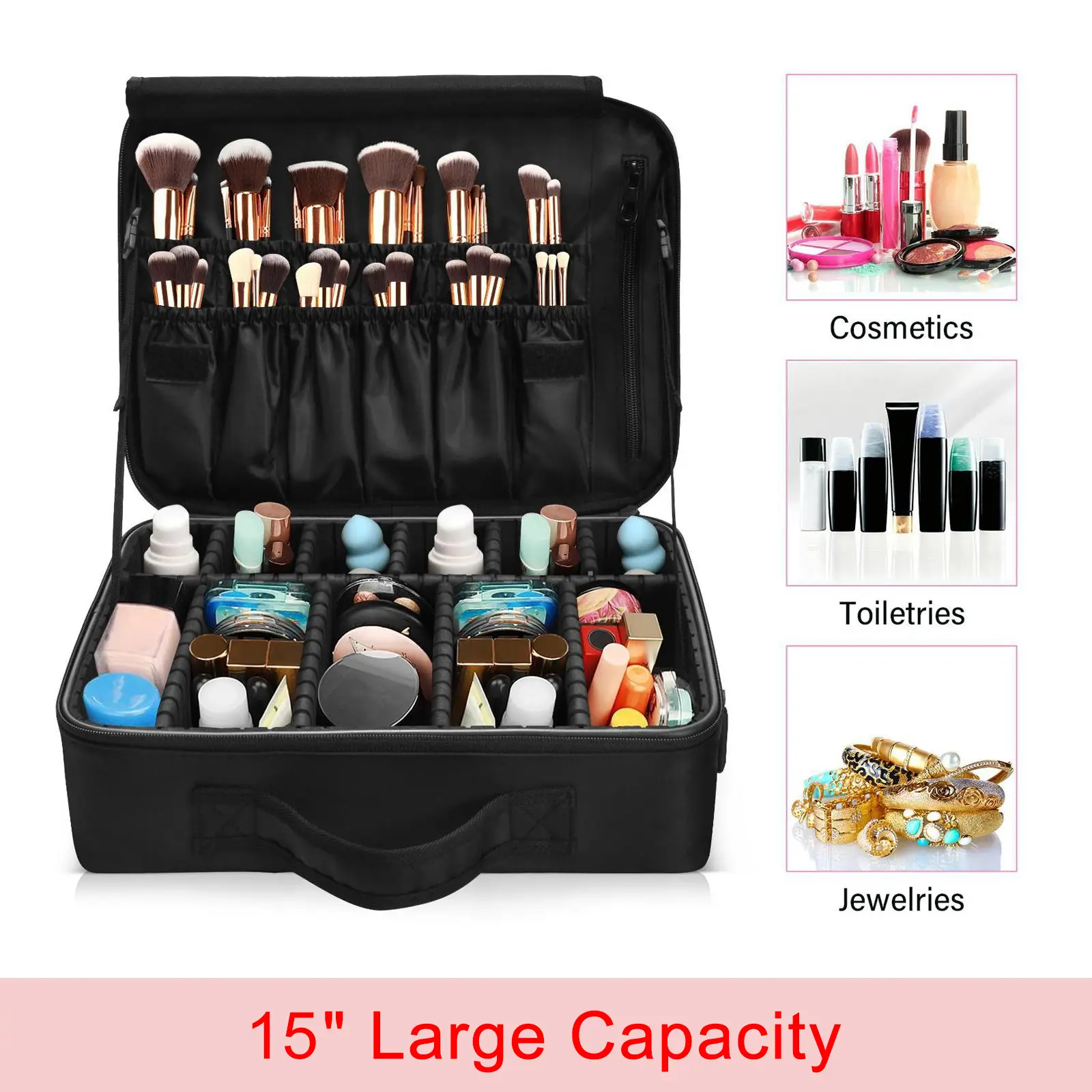 FEIFEIYU Makeup Bag 15" Large Capacity Cosmetic Bag Travel Makeup Storage Bag Organizer Portable Artist Storage Bag with Adjustable Dividers and shoul