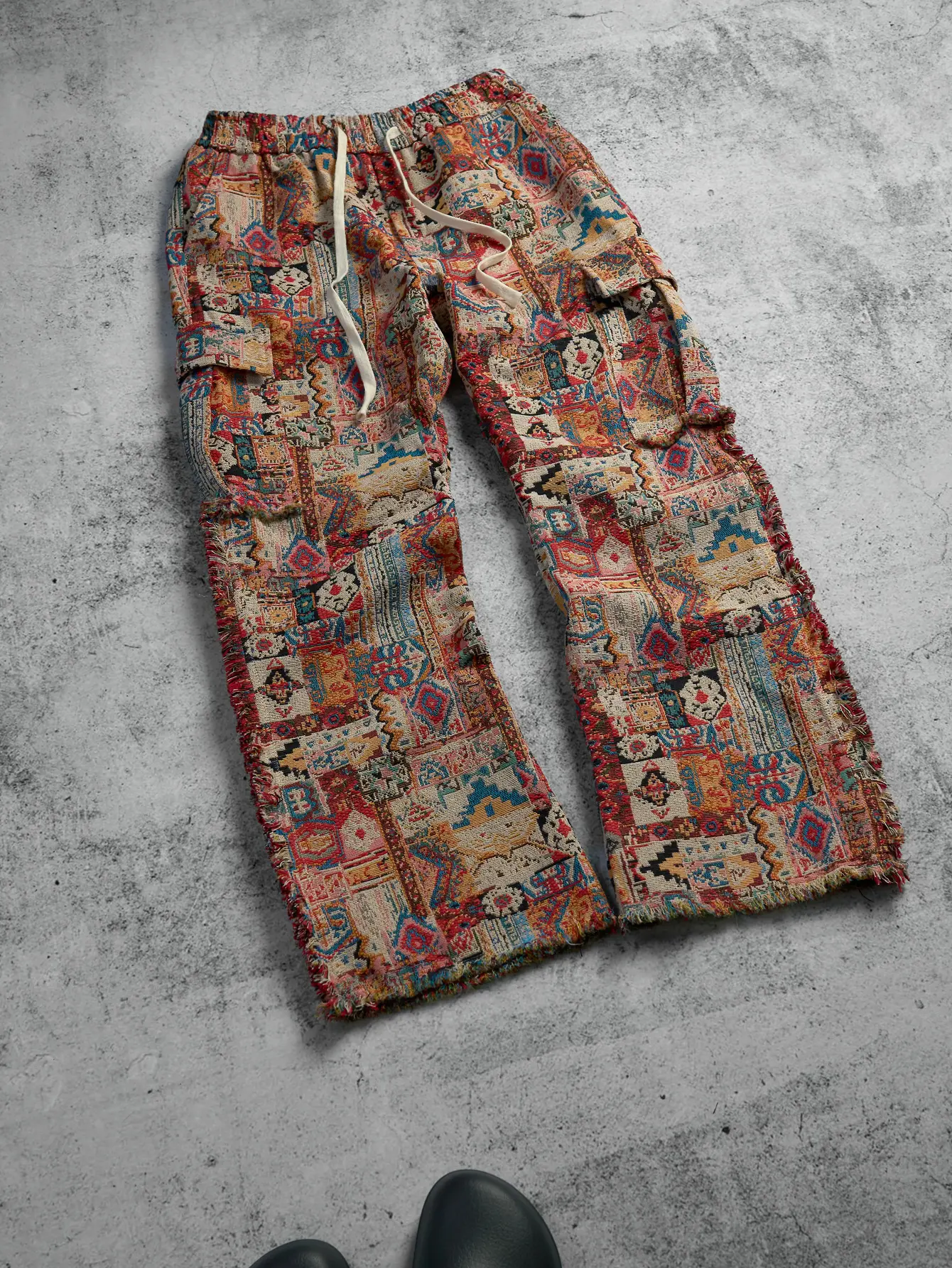 Unisex Ethnic Jacquard Plaid Raw-Hem Cargo Flare Pants – Structured Design, Drawstring Waist, Multiple Pockets, American Vintage Boho Street Style