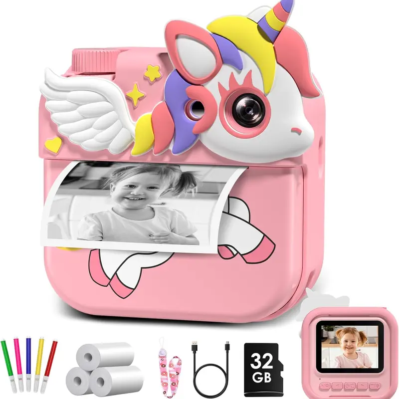 Gofunly Kids Mini Digital Camera with Instant Print - 1080P HD Video, 2.4-inch Display, MicroSD Card Included, Timed Shots, 10 Sticker Effects, Unisex Toy Gift for 3-12 Years, Kid Girl Gifts for Holidays, Birthday