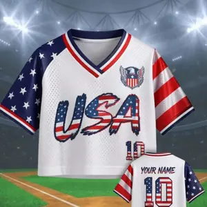 USA Soccer Crop Top Jersey Women Personalized Name Number Mesh Football Shirt, Custom Fan Crop Tee, Sports Gift for Her