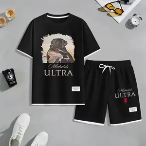 Men's Outdoor Hunting Black Dog Print Waffle Fabric Short-Sleeved Shirt And Shorts Set