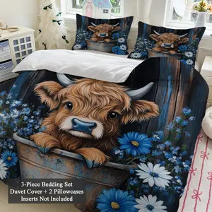 Cute Cow Bedding Set for Kids, Comfy Bedding Set, Cartoon Highland Cow Print Sheets & Pillowcases, Fun Bedroom Decor, Boys Girls Room Essentials