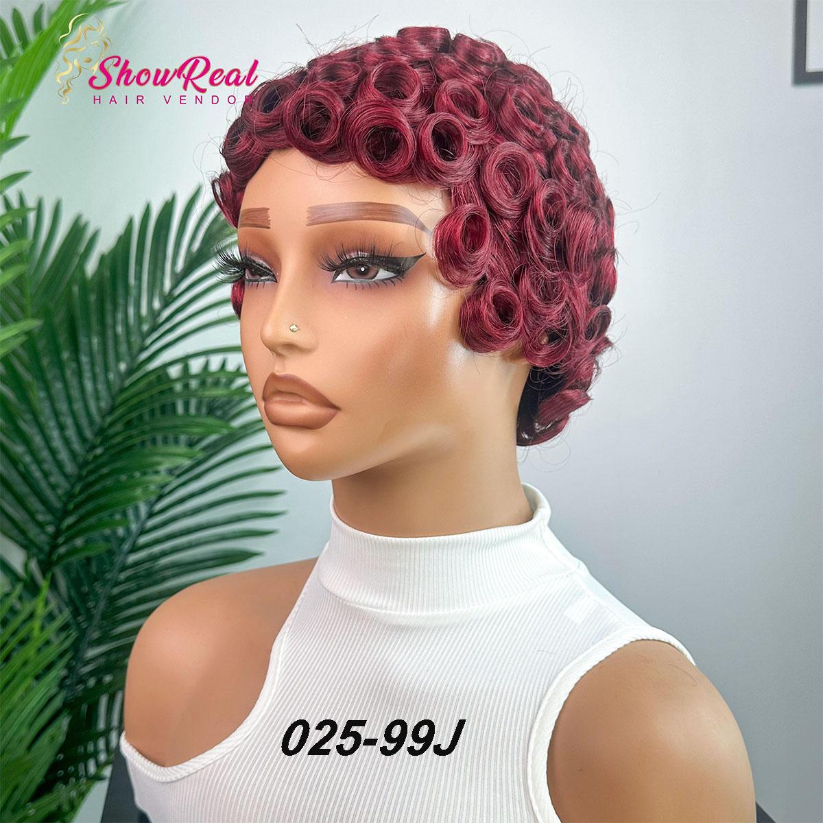 ShowReal 025 Chioma Wig Short Pixie Cut Wig Pin Curls Black Mommy Wig Curly Bomb #99J #1B/30 #4 #1B/4/27 #4/30/4 Colorful Brizalian Virgin Human Hair  Style Wigs For Black Women