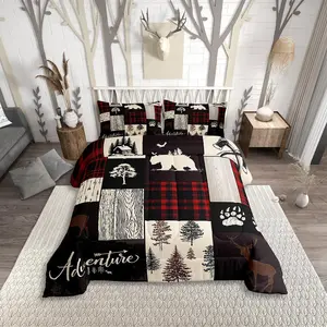 Feelyou Retro Farmhouse Plaid Patchwork Bedroom Bedding Set - Woodland Wildlife Deer, Bear, Trees Comforter, Christmas Country Cabin Moose Duvet Insert, Patchwork Bedspreads Set