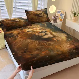 Cosmic Floral Lion Fitted Sheet Set (with 2 Pillowcases) - Perfect Gift for Animal Lovers, Soft Skin-Friendly, Elevates Bedroom Style
