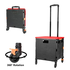 SELORSS BY06S Foldable Utility Cart, Folding Portable Rolling Crate Handcart with Durable Heavy Duty Plastic Telescoping Handle Collapsible 4 Rotate Wheels hand cart for Travel Shopping Moving Luggage Office Use (Black+Red) storage cart