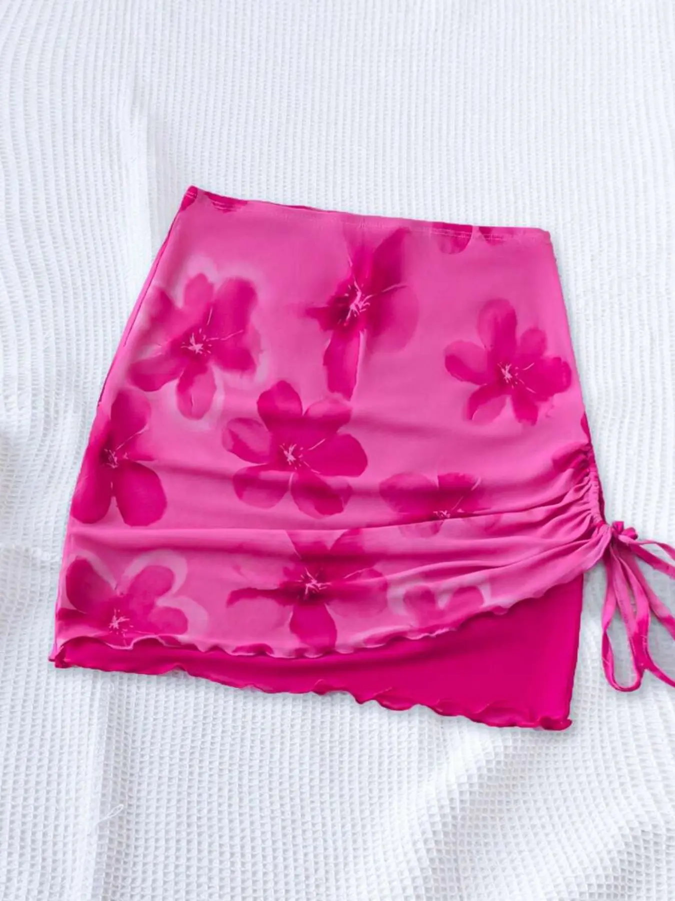 Floral A-Line Mesh Breathable Skirt, Lightweight Adjustable Side Drawstring Pleated Beachwear, Y2K Vacation Mini Short Dress Style, Summer Fashion Fit