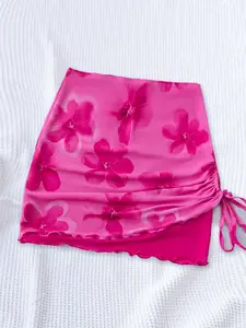 Floral A-Line Mesh Skirt, Adjustable Side Drawstring Pleated Beachwear, Y2K Vacation Mini Short Dress Style, Summer Fashion