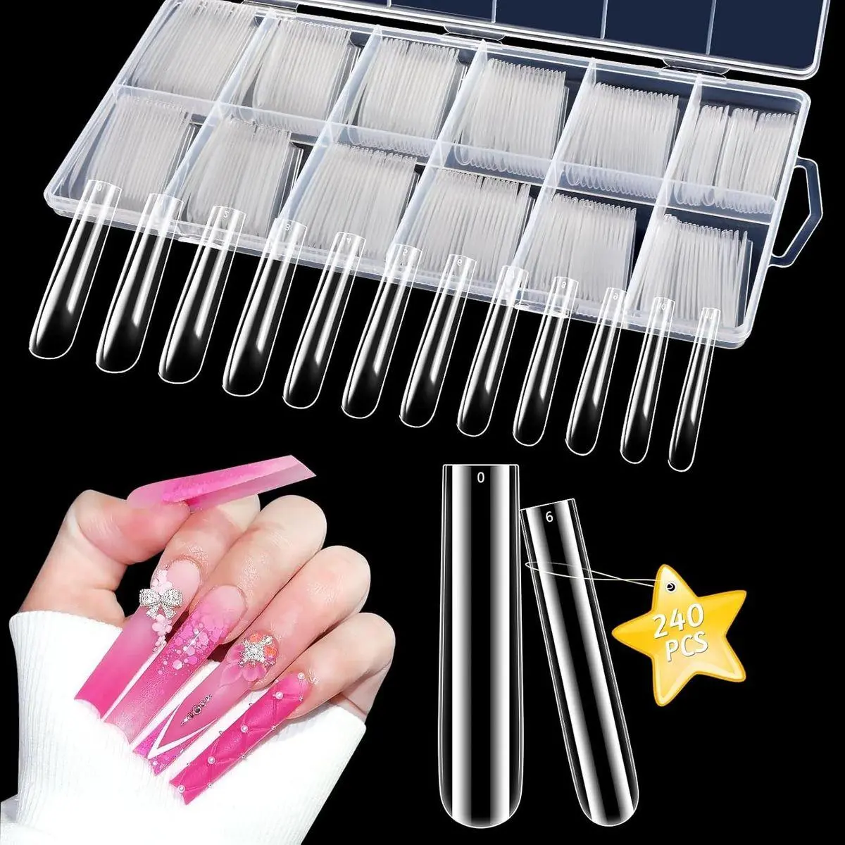 3XL Clear Full Cover Nail Tips for Acrylic Nails Professional, 240PCS Extra Long Tapered Square, 12 Sizes Straight Press On Gel Nail Tips for Nail Salons Home DIY