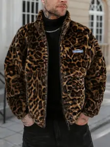 Unisex Y2K Style Leopard Print Jacket, Letter Badge Streetwear, Fall Winter Fleece Warm Coat, High Street Culture, Men's Gift, Couple Fashion