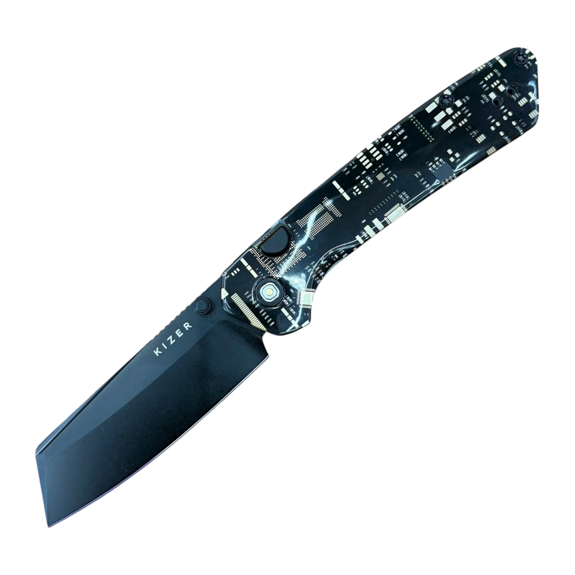 Kizer Madrac PCB Blade City Exclusive /100 – Black Resin Handle, 14C28N Black PVD Blade, Button Lock Folding Pocket Knife, Outdoor Camping Knife, EDC Collection for Men
