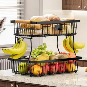 Kitchen Fruit & Vegetable Storage Rack, 2-layer Metal Storage Basket with Hook, Multifunctional Storage Rack for Kitchen & Bathroom, Double Tiers