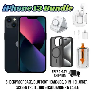 Restored Apple iPhone 13 128GB Midnight (Black) Fully Unlocked Bundle: Bluetooth Headphones, Phone Case, Screen Protector, 3-in-1 Charger & Wall Charger (Refurbished)