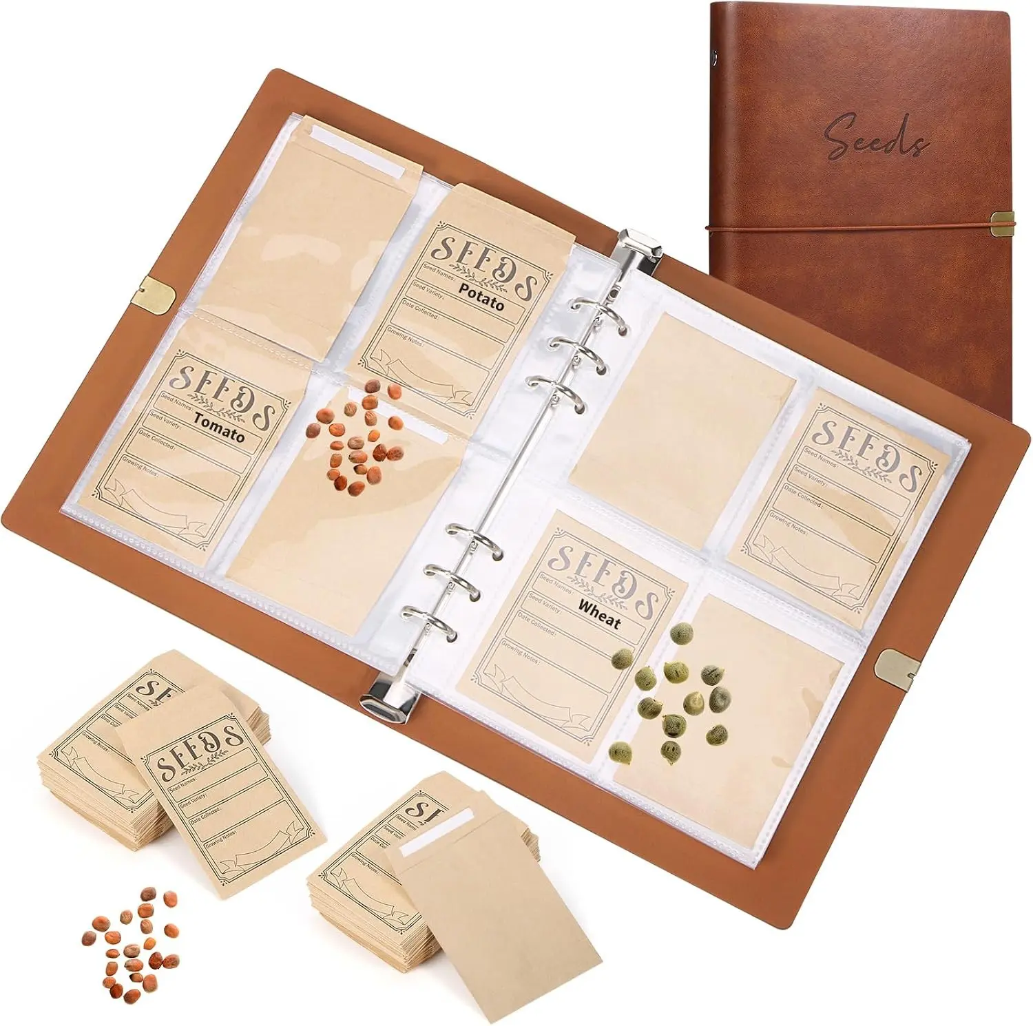 Garden Seed Storage Organizer Binder 150 Resealable Seed Envelopes Brown Shell with 40 Sheet Protectors for Efficient Seed Packet Organization