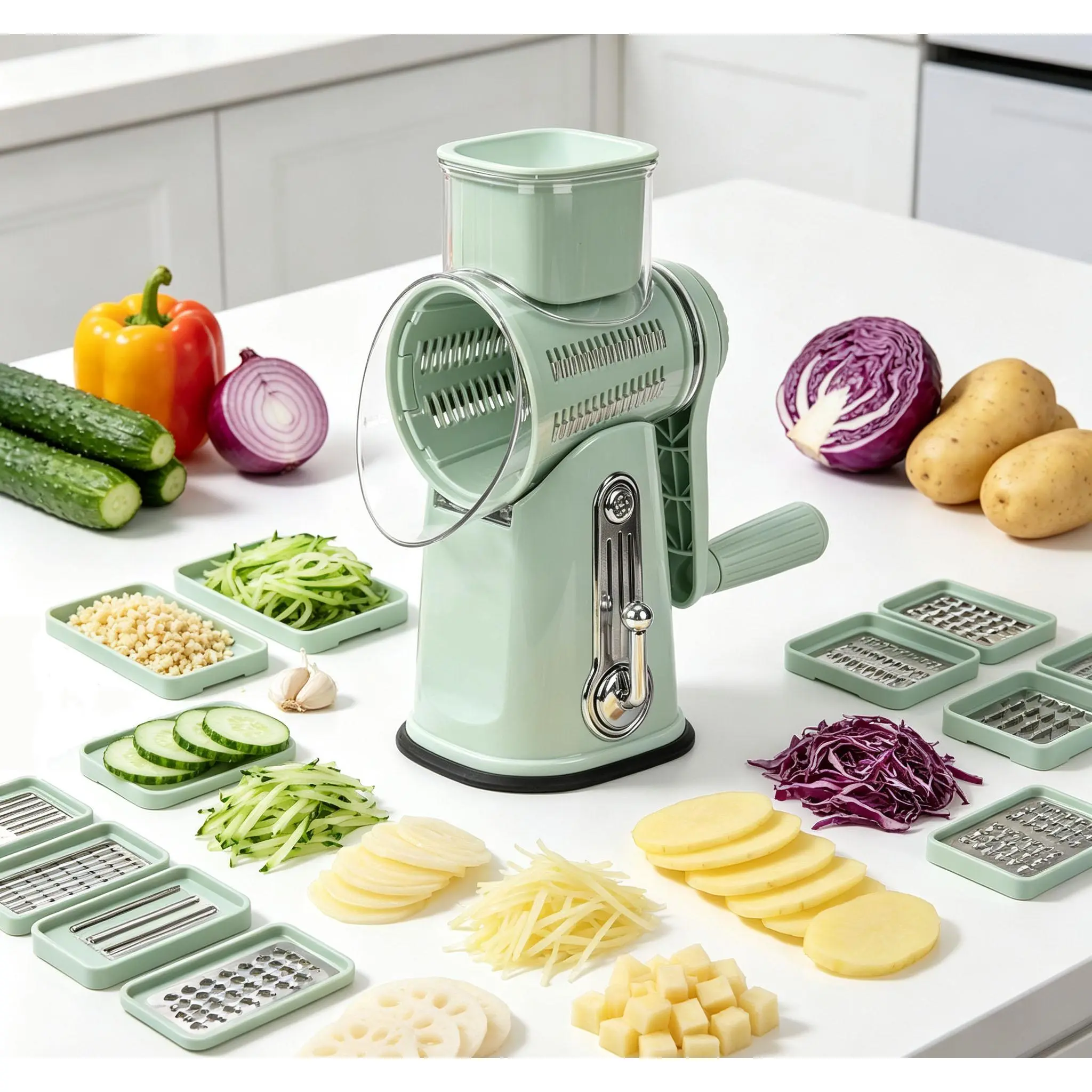 5-in-1 Hand Crank Rotary Cheese Grater, 10 Stainless Steel Blades, Strong Suction Base, Multi Slicer Shredder for Vegetables, Chocolate, Nuts & Baking Prep