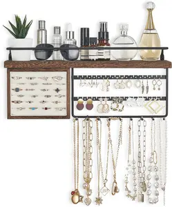 Rustic Brown Wall-Mounted Hanging Jewelry Organizer with Wood Shelf, Ring Display Box, Ear Stud Holder and Bracelet Storage