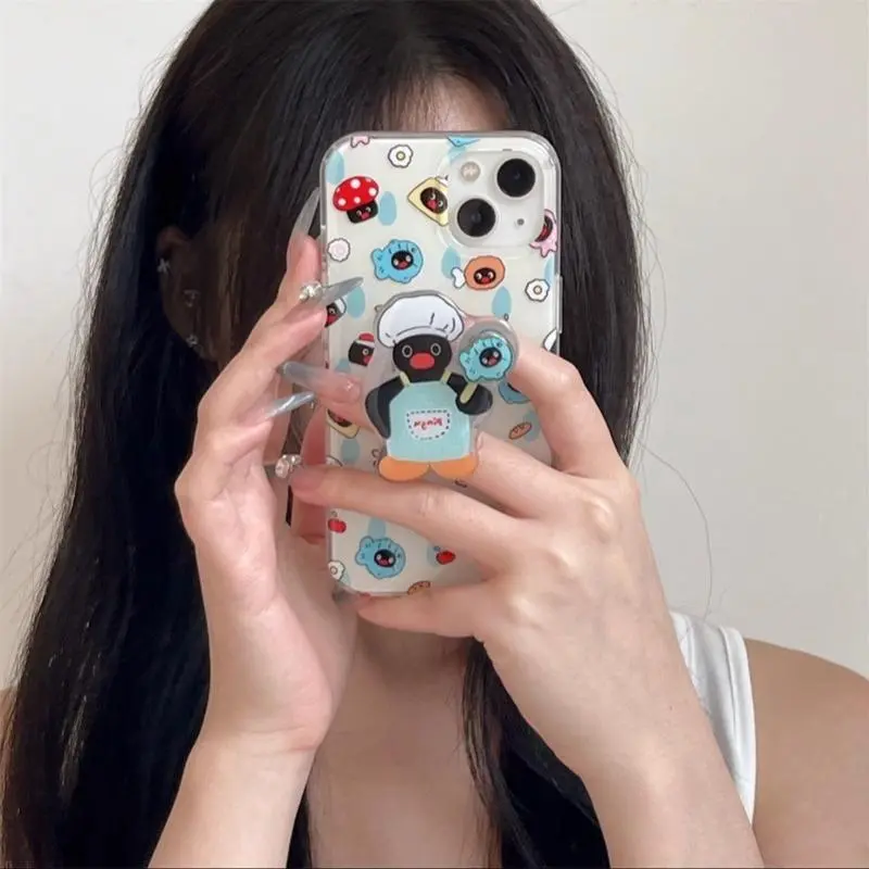 Crystal transparent white light painted chef penguin protective phone case with penguin rotating bracket for iPhone 11 12 13 14 15 16 promax