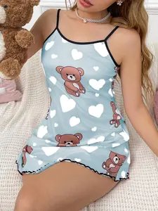 Women's Sleeveless Slim Heart Pattern Bear Sleepwear Loungewear Set, Comfortable Nightgown & Pajama Suit, Ideal for Cozy Nights at Home, Pjs