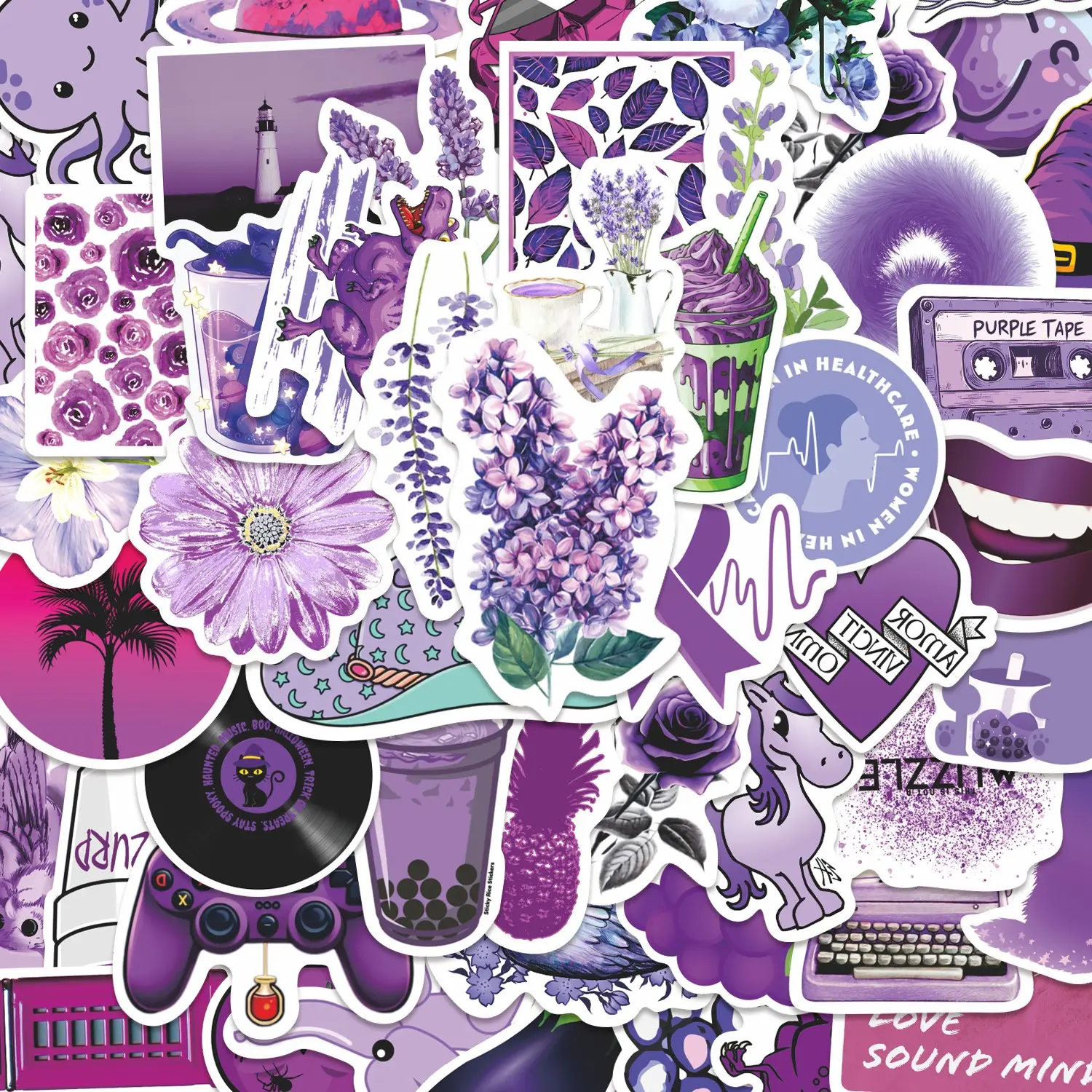 50pcs Purple Aesthetic Trendy Stickers Pack, Diy Sticker, Waterproof Mystic Retro & Cute Decals for Laptop, Water Bottle, Journal & Scrapbook, Cute Scrapbooking, Purple Lover Gift, Diy Decorative Stickers