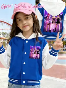 KPOP Idol Graphic Varsity Jacket for Girls, Soft Fleece Contrast Color Baseball Coat