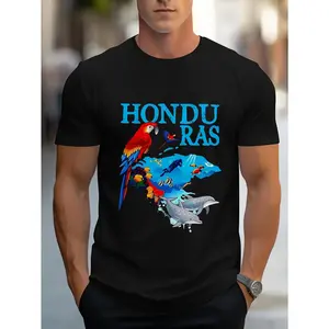 Men's Honduras-Themed Red Parrot & Tropical Fish Print Shirt - Soft 100% Cotton Loose Fit Casual Tee for Gym, Sports & Casual Attire - Summer & Year-Round Comfort, Gym Apparel, Tropical Print Shirt, Durable Fabric
