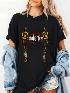 100% cotton Lederhosen Suspenders Oktoberfest Bavarian Munich Beer T-Shirt Women Graphic T-Shirt Cotton Print short Sleeve Casual Top, Summer Tee Womens Tops
