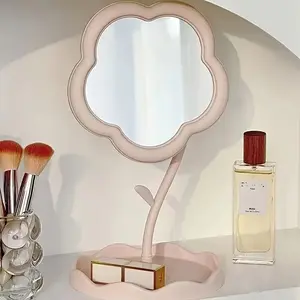 Small Rotating Floral Pattern Makeup Mirror with Polished Plastic Frame, Portable Lightweight Cosmetic Mirror with Storage Tray, No Battery Needed, Hanging Option