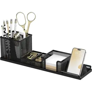 Pen Holder for Desk, 6 count Mesh Desk Organizer set for Office Organization with Mail Organizer, Letter Phone Holder, Sticky Notes  Storage, Black