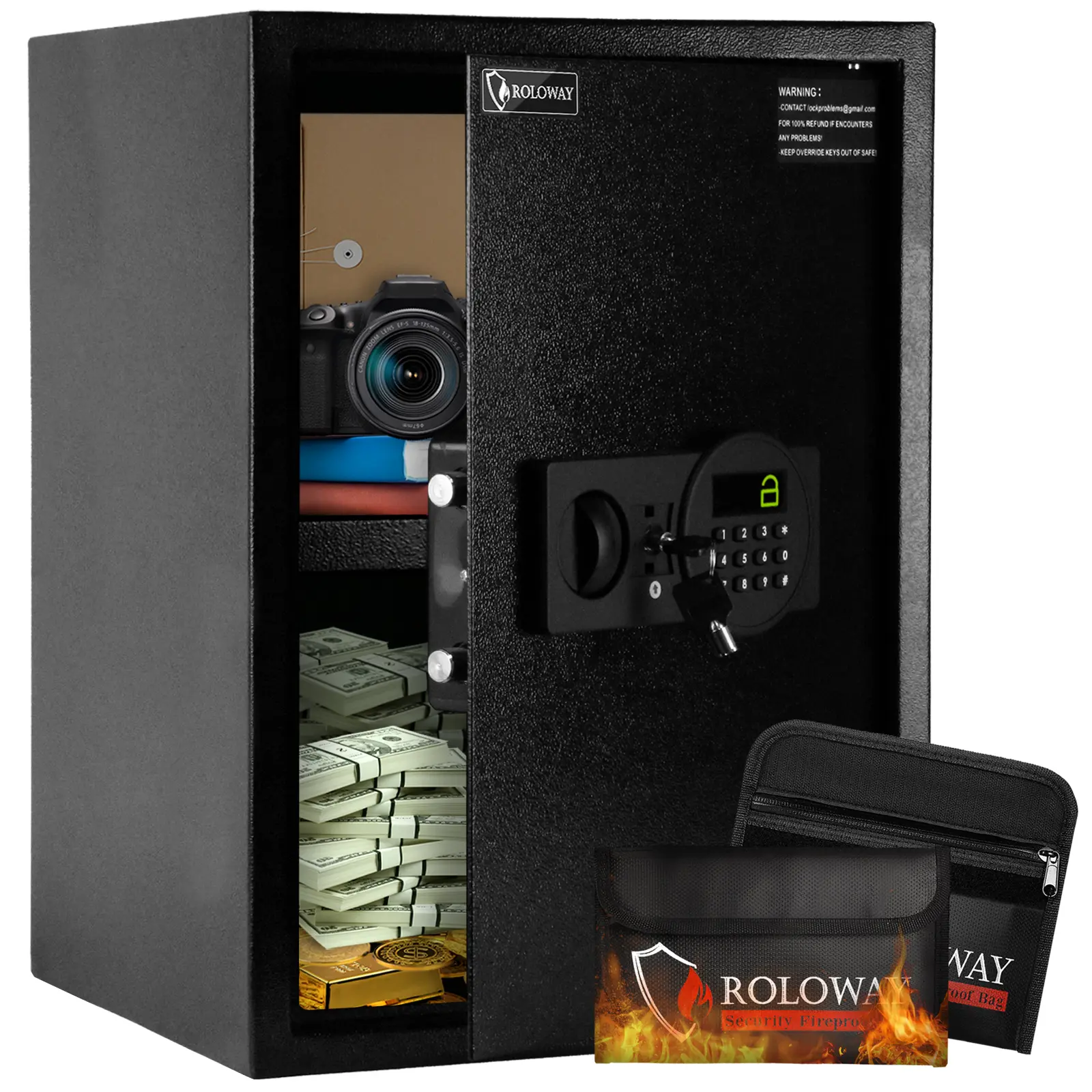 Roloway & Voncabay Heavy Duty Anti-Theft Steel Safe Box - High Security Digital & Key Lock, Sensor Light, Wall-Mountable, 3 Sizes (2.2cu/1.5cu/0.8cu), Fireproof Waterproof, 2 Emergency Pouches, Safe Storage for Emergency Preparedness