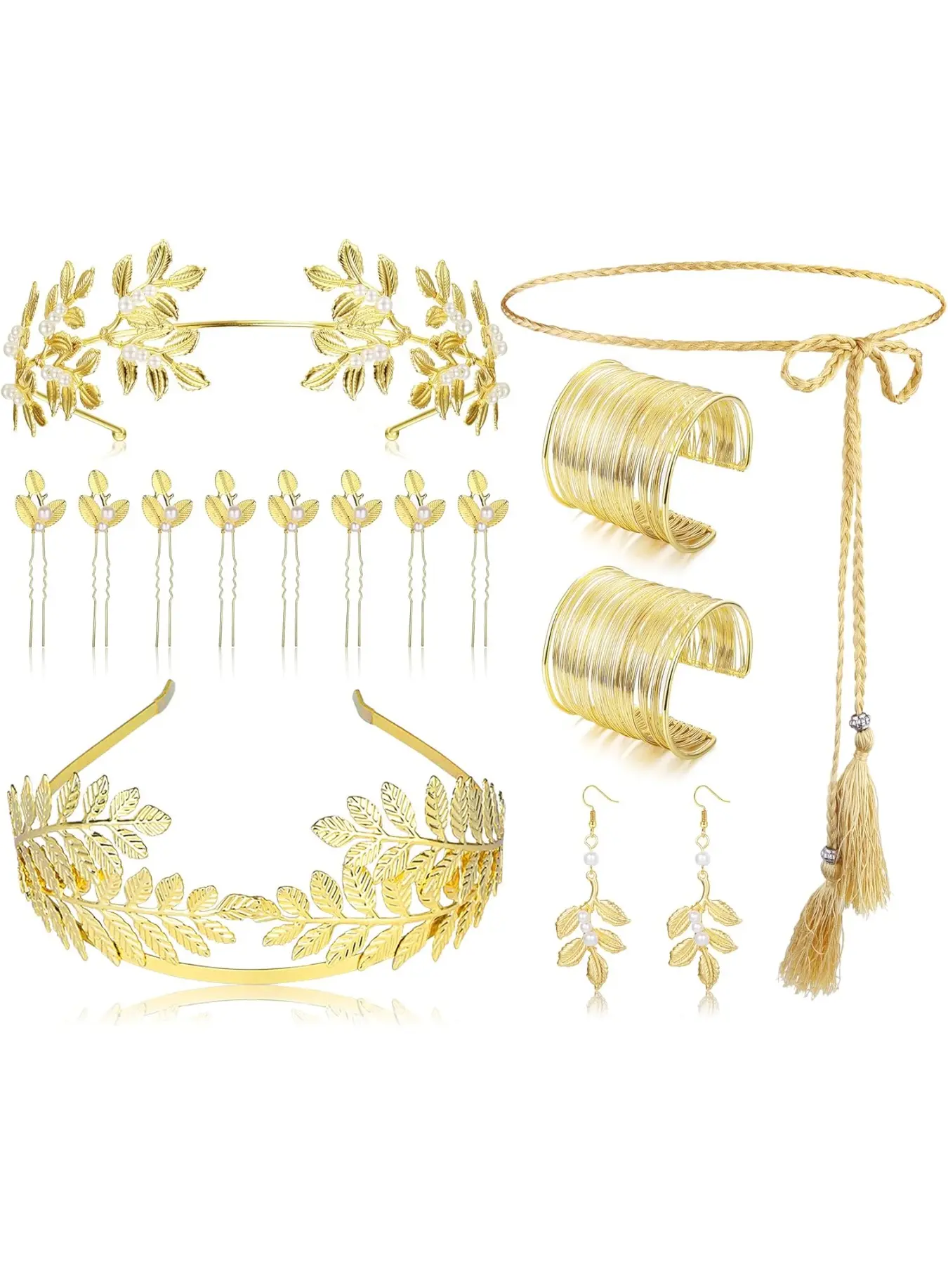 14 Pcs Greek Goddess Costume Accessories Set Laurel Leaves Crown Upper Arm Coil Bracelet Hair Headpiece Artificial Pearl Earrings Necklace Toga Waist Belt for Women Party Bridal Wedding Costume Jewelry Set