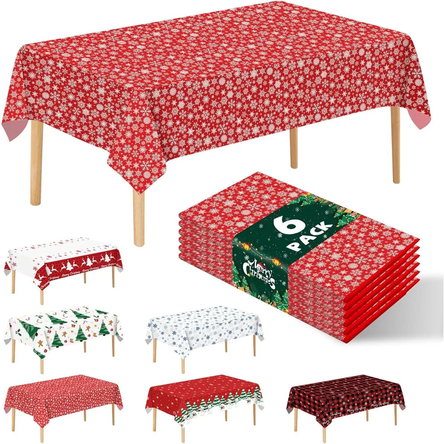6 Pack Christmas Snowflake Tablecloth Disposable Plastic Tablecloth Table Cover for Christmas Party Decoration Supplies 54 x 108 Inches (Snowflake)