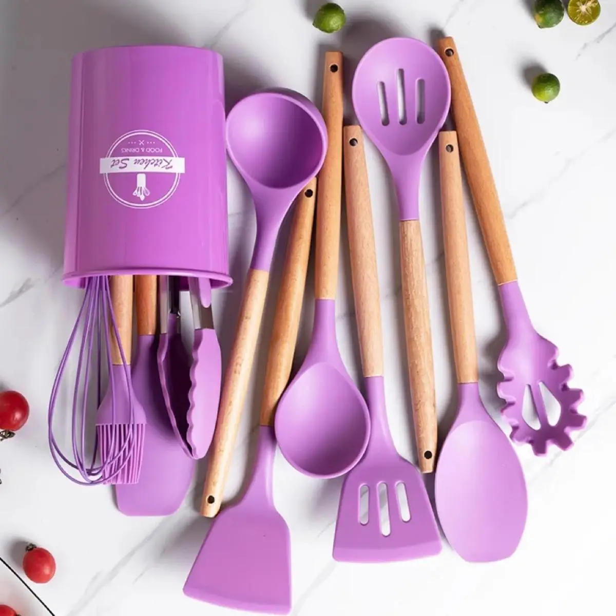 Silicone Multifunctional Cookware, 1 Set Household Non-stick Cookware with Long Wooden Handle & Storage Bucket for Home Kitchen, Kitchen Accessories