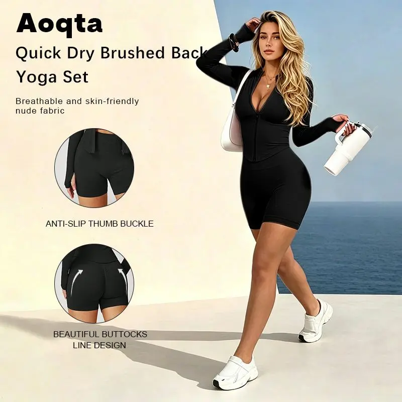 Aoqta Women's 2-Piece Solid Knit Athleisure Sports Sweat Suit - Slim Fit Long Sleeve Zip-Up Jacket, High Waist Tummy Control Butt-Lifting Biker Shorts for Female Training, Coordinated Composite Workout Set, Knitting