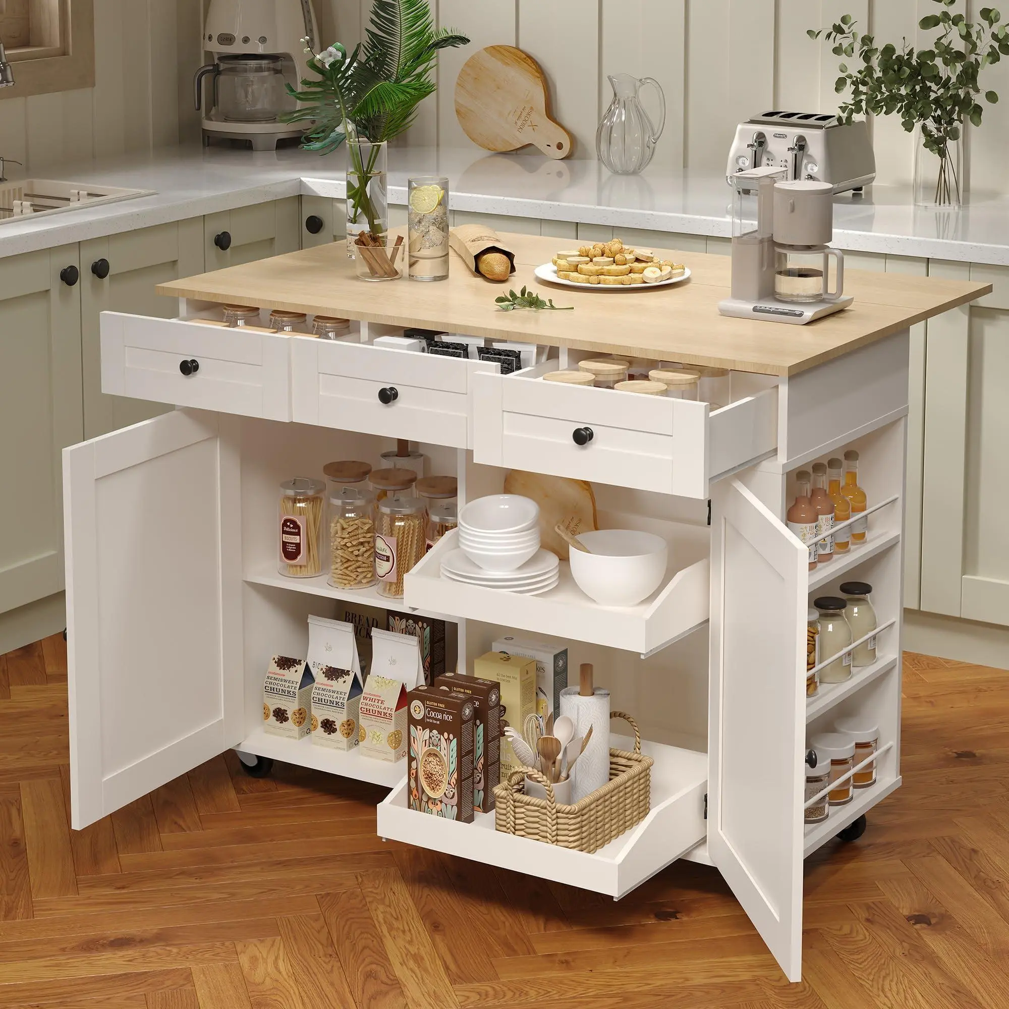 Rolling Kitchen Island Cart with Power Outlet & Drop Leaf, Kitchen Storage Cabinet On Wheels with 3 Drawers, Spice Rack & Towel Rack, Mobile Island Table for Kitchen