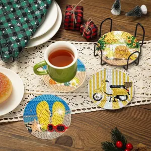 8 Piece Colorful Beach Summer Diamond Puzzle Coasters Set, 5 DIY Diamond Pattern Drink Coasters, Includes Storage Box, Easy Assembly Adult Craft Supplies