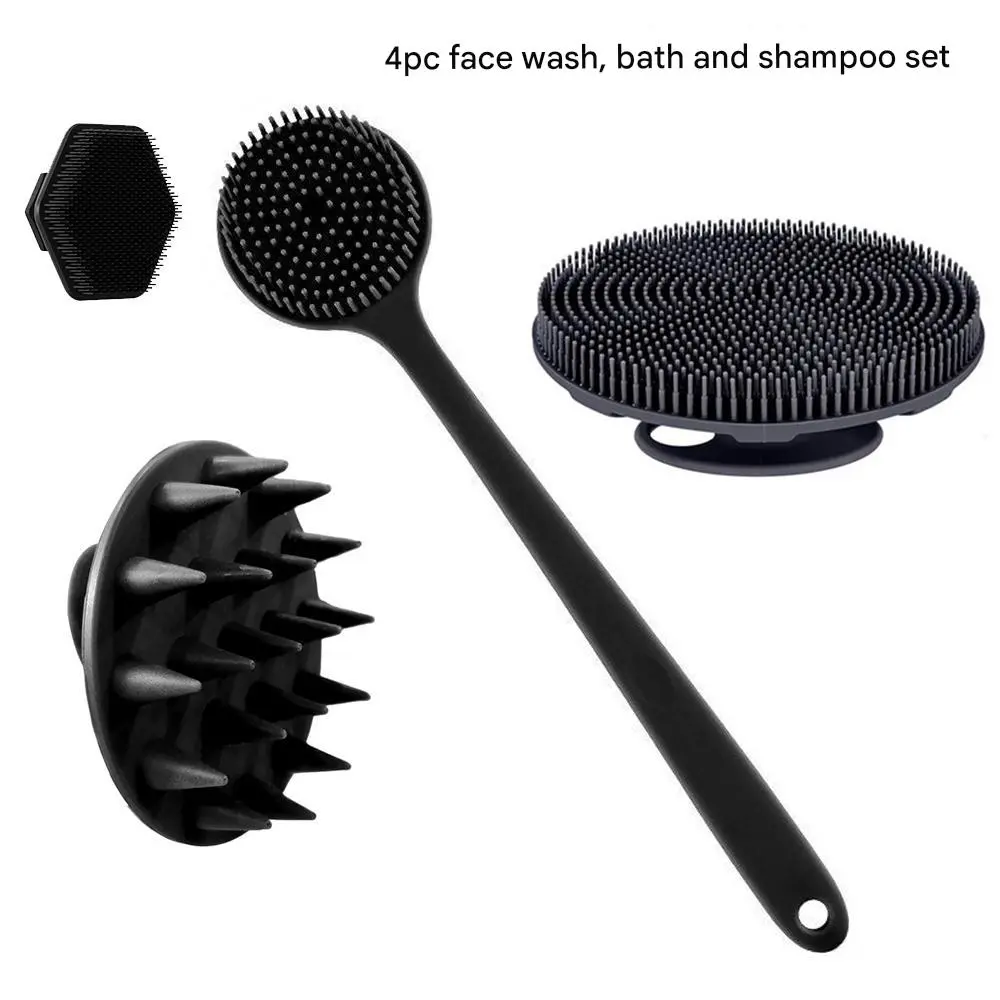 4-Piece Silicone Body Brush Set, Shower Brush, Long Handle Back Scrubber, Short Handle Bath Brush, Head Brush & Hex Face Brush, Non-Slip Grip, Shower Bath Tool, Bath Accessories