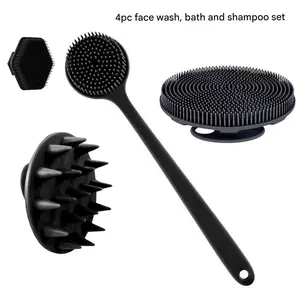4-Piece Silicone Body Brush Set, Shower Brush, Long Handle Back Scrubber, Short Handle Bath Brush, Head Brush & Hex Face Brush, Non-Slip Grip, Shower Bath Tool